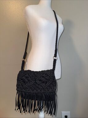 Braided Fringe Crossbody Bag - Black